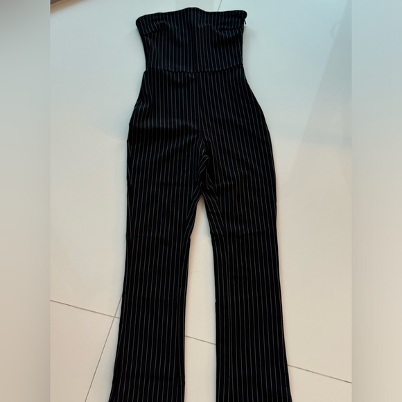 superdown Pants - Black and white pinstripe strapless jumpsuit